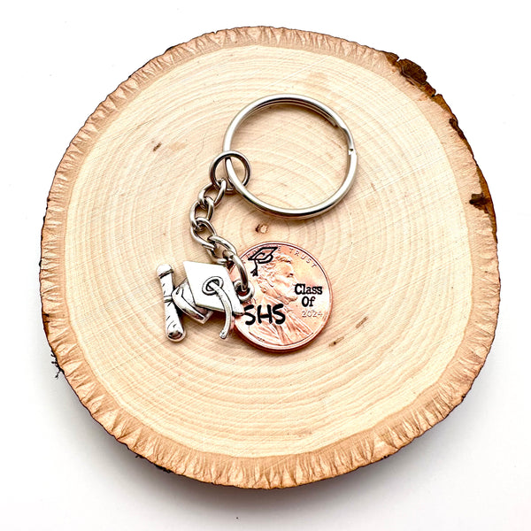 Custom Class of 2024 Lucky Penny Keychain - Graduation Cap Charm