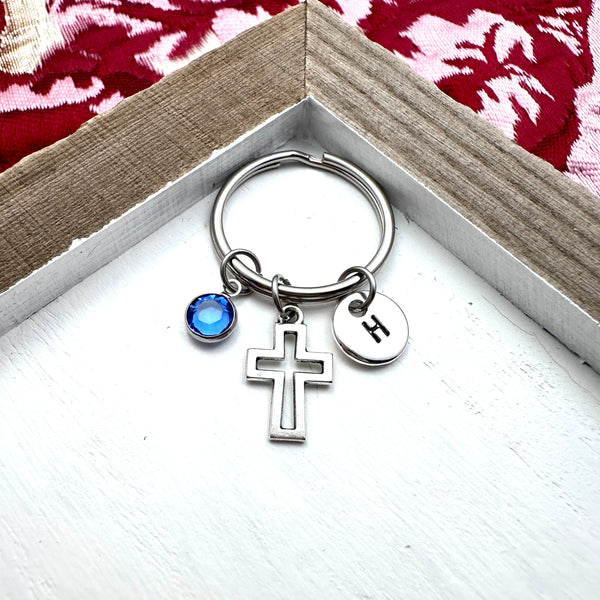 Silver Cross Keychain with Birthstone and Initial Disc - Personalized Religious Keyring Gift