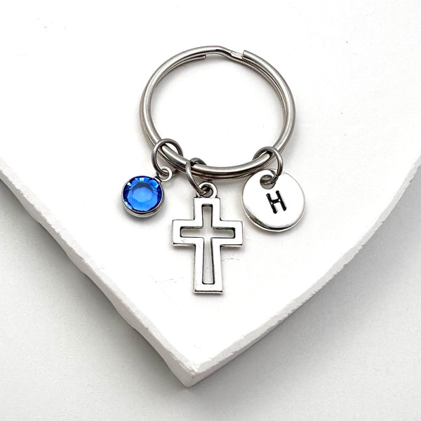 Silver Cross Keychain with Birthstone and Initial Disc - Personalized Religious Keyring Gift