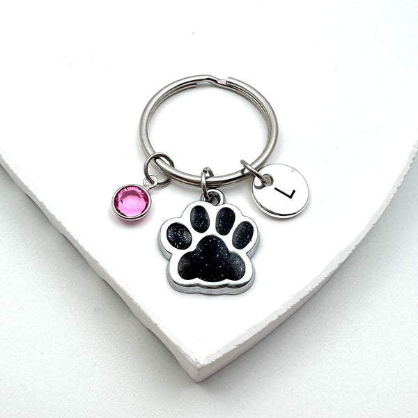 Silver Paw Print Keychain with personalization of birthstone and initial.