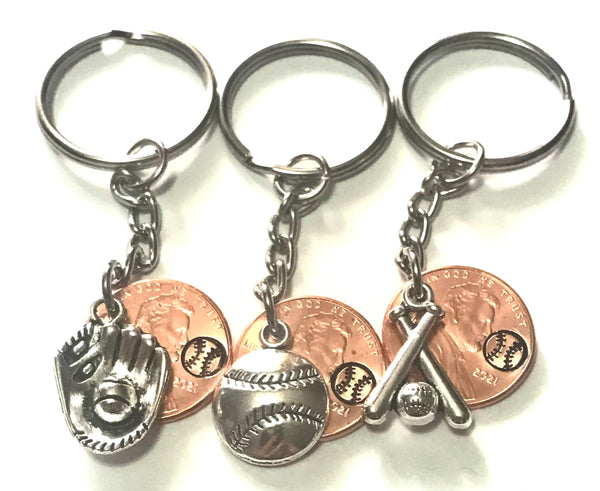 Baseball collection of silver charms with a hand stamped engraved Lincoln Cent showing a baseball design above the date.