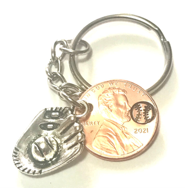 Silver Baseball Glove Charm on a Lucky Penny Keychain with a hand stamped, engraved baseball design above the date.