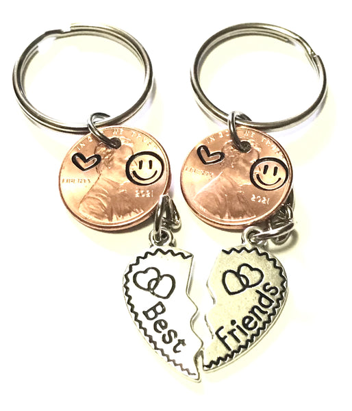 Best Friends Silver Heart Lucky Penny Keychain, 2 Pieces