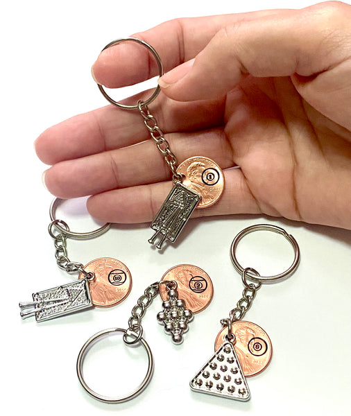 Billiards Pro Lucky Penny Keychain Collection with an 8 ball rack charm, 9 ball charm, or pool table charm from Palmetto Charms & Etc.