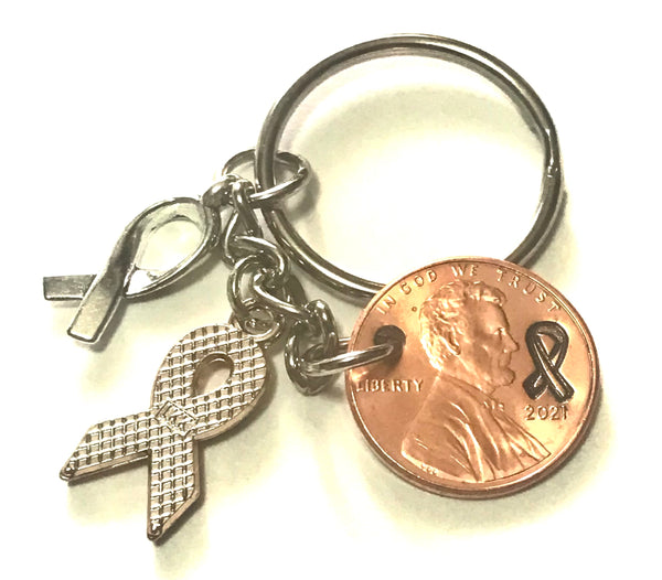 Pink Ribbon and Silver Hope Charm on a Lucky Penny Keychain engraved with a ribbon design in honor of Breast Cancer Awareness.