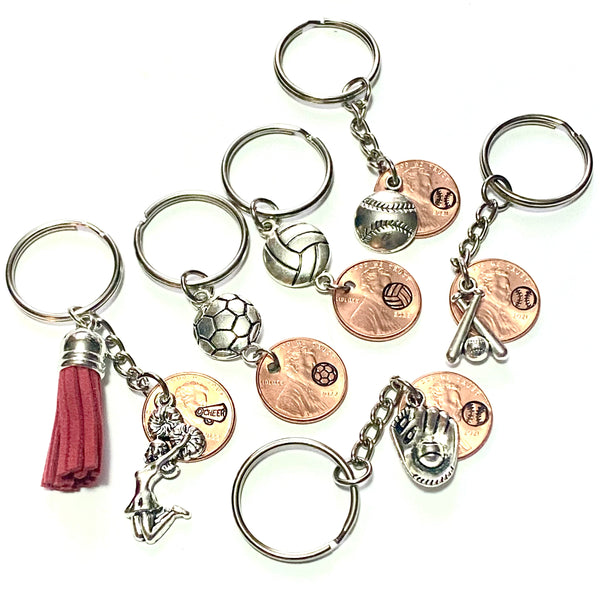 Start the sports season off right with a Volleyball, Soccer Ball, Baseball, or Cheerleading Lucky Penny Keychain from Palmetto Charms & Etc.