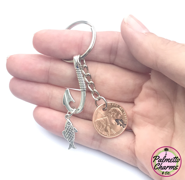 Fish Hook Lucky Penny Keychain, Hand Stamped Cent w/Charm