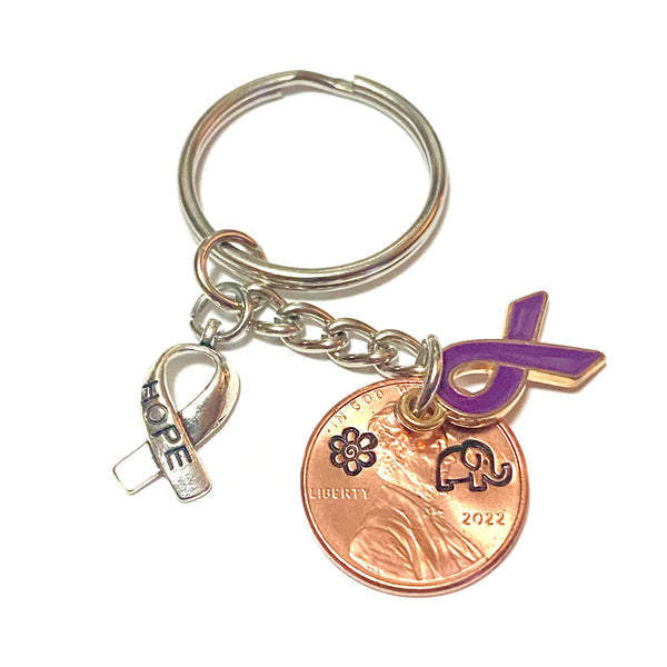 An Alzheimer's Lucky Penny Keychain with all the elements that represent the disease; an elephant, forget-me-not flower, and purple ribbon.