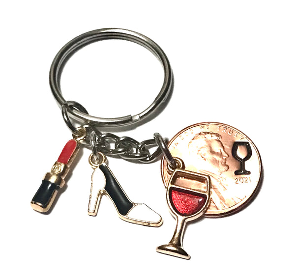 Ladies Night Out Lucky Penny Keychain with Lipstick, High Heel, and Red Wine with Wine Glass engraving above date on a penny.