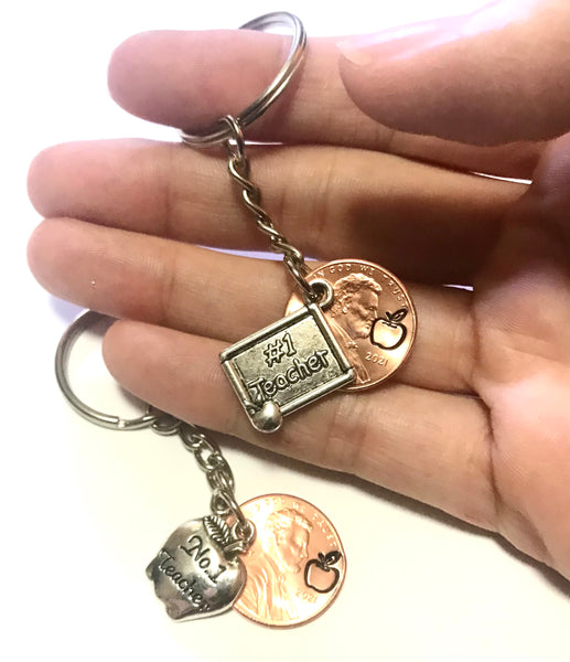 Number One Silver Teacher Charm Lucky Penny Keychain Hand Stamp Engraved Lincoln Cent.