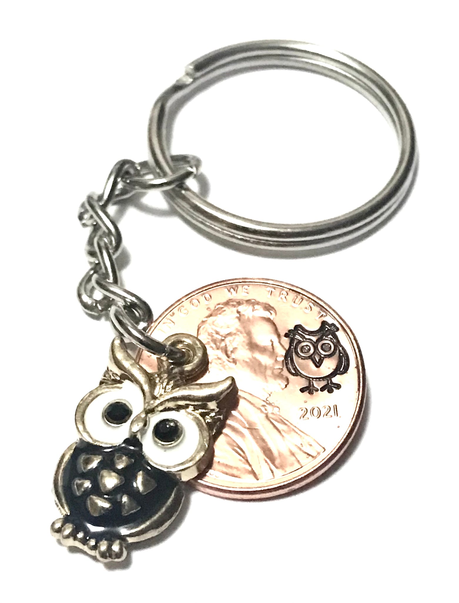 Black Owl Charm on a Lucky Penny Keychain with an Owl engraving above the date of a Lincoln Cent.