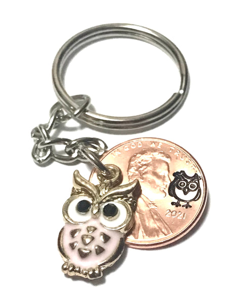 Pink Owl Charm on a Lucky Penny Keychain with an Owl engraving above the date of a Lincoln Cent.