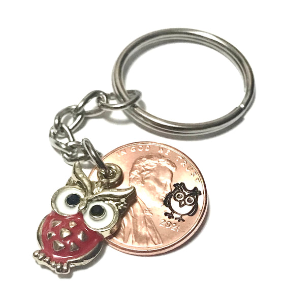 Red Owl Charm on a Lucky Penny Keychain with an Owl engraving above the date of a Lincoln Cent.