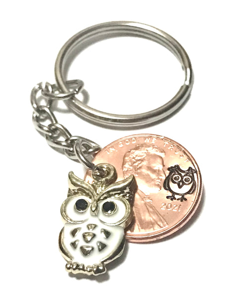 White Owl Charm on a Lucky Penny Keychain with an Owl engraving above the date of a Lincoln Cent.