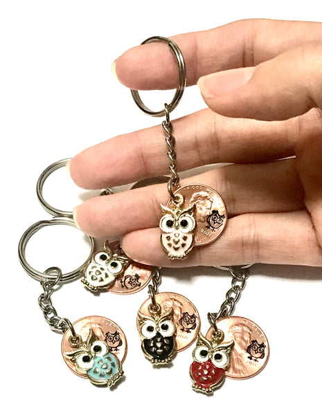 Collection of 5 Owl Charms for Lucky Penny Keychain with Owl engraving above the date of a Lincoln Cent.