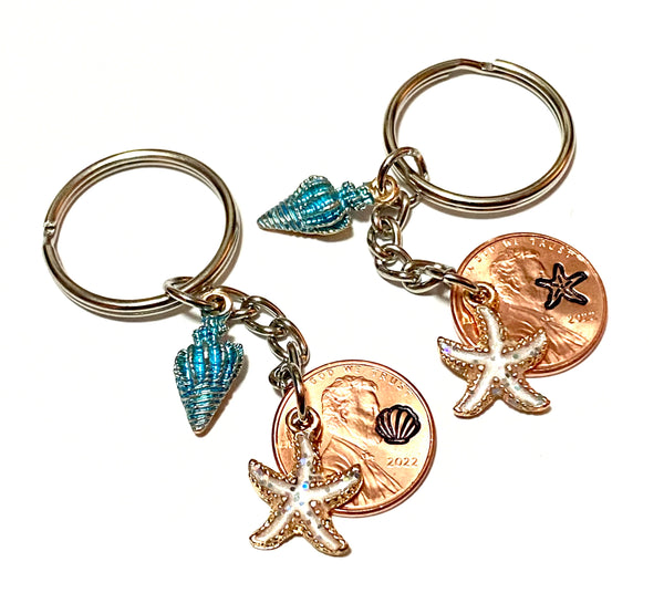 Seashell Keychain with option of engraving between a seashell and a starfish for a great Lucky Penny Keychain.