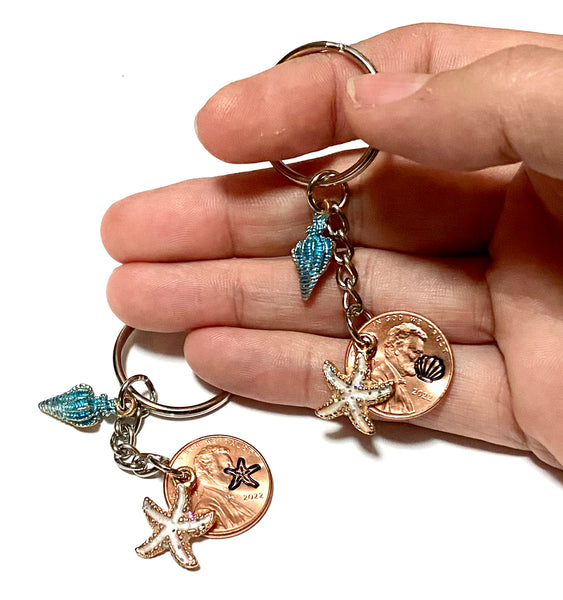 Seashell Keychain with option of engraving between a seashell and a starfish for a great Lucky Penny Keychain.