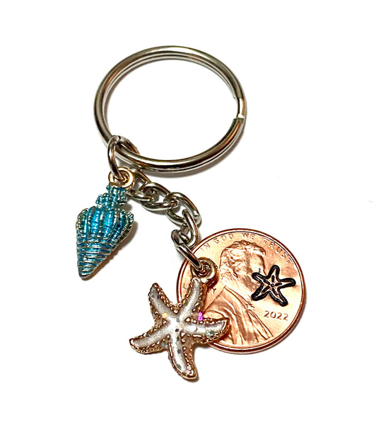Seashell Keychain with option of engraving between a seashell and a starfish for a great Lucky Penny Keychain.