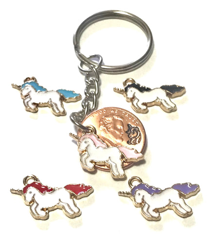 A Unicorn Lucky Penny Keychain with Charm and hand stamped design above the date of a Lincoln Cent. Choose from Black, Blue, Pink, Purple, or Red.