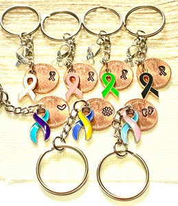 Awareness Ribbon Charms for Lung Cancer, Breast Cancer, Mental Health, Skin Cancer; Also, Suicide Prevention, Down Syndrome, and SIDS Ribbons.