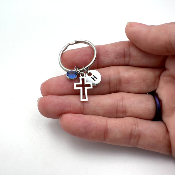 Silver Cross Keychain with Birthstone and Initial Disc - Personalized Religious Keyring Gift