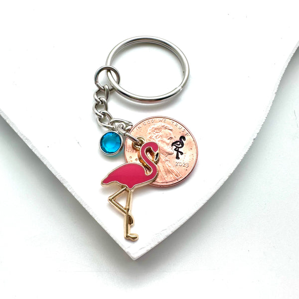 Pink Flamingo Keychain with flamingo charm, birthstone, and hand stamped lucky penny.