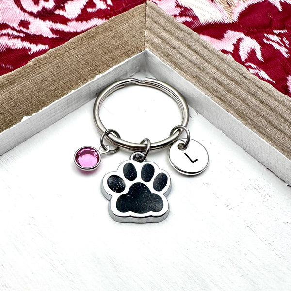 Silver Paw Print Keychain with personalization of birthstone and initial.