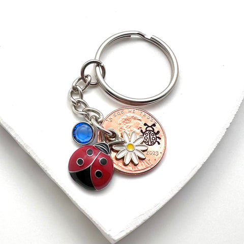 Ladybug Charm on a lucky penny keychain with birthstone.