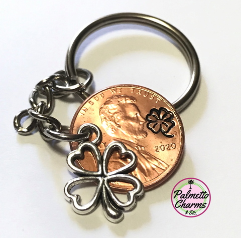This 4-Leaf Clover is a perfect way to tell someone Good Luck! The silver Charm added to this Lucky Penny Keychain makes it an extra special gift. Cheers!
