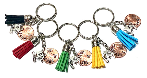 Choose your school's colors for the tassel you would like to add to this lucky penny keychain. We have black, red, green, gold, blue, pink, purple, and white.