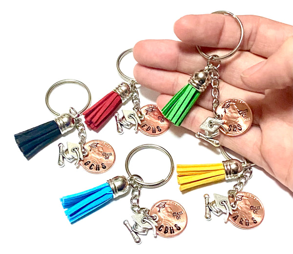 Palmetto Charms & Etc. will engraved your high school lettering on a penny with a tassel and graduation charm.