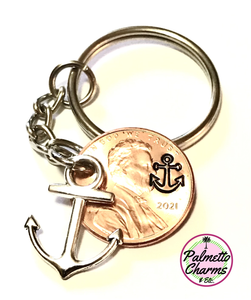 This Lucky Penny Keychain combines a Silver Anchor Charm with a Hand Stamped Lincoln Cent showing the same anchor.