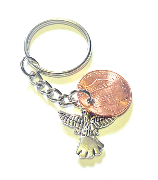 Angel Lucky Penny Keychain, Silver Charm Hand Stamped Design
