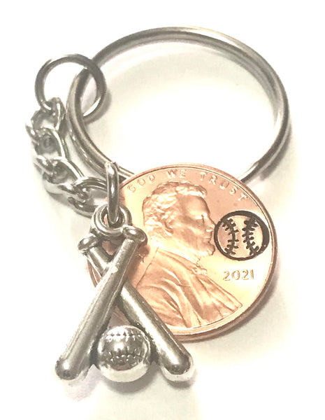 Silver Baseball Bat Charm on a Lucky Penny Keychain with a hand stamped, engraved baseball design above the date.
