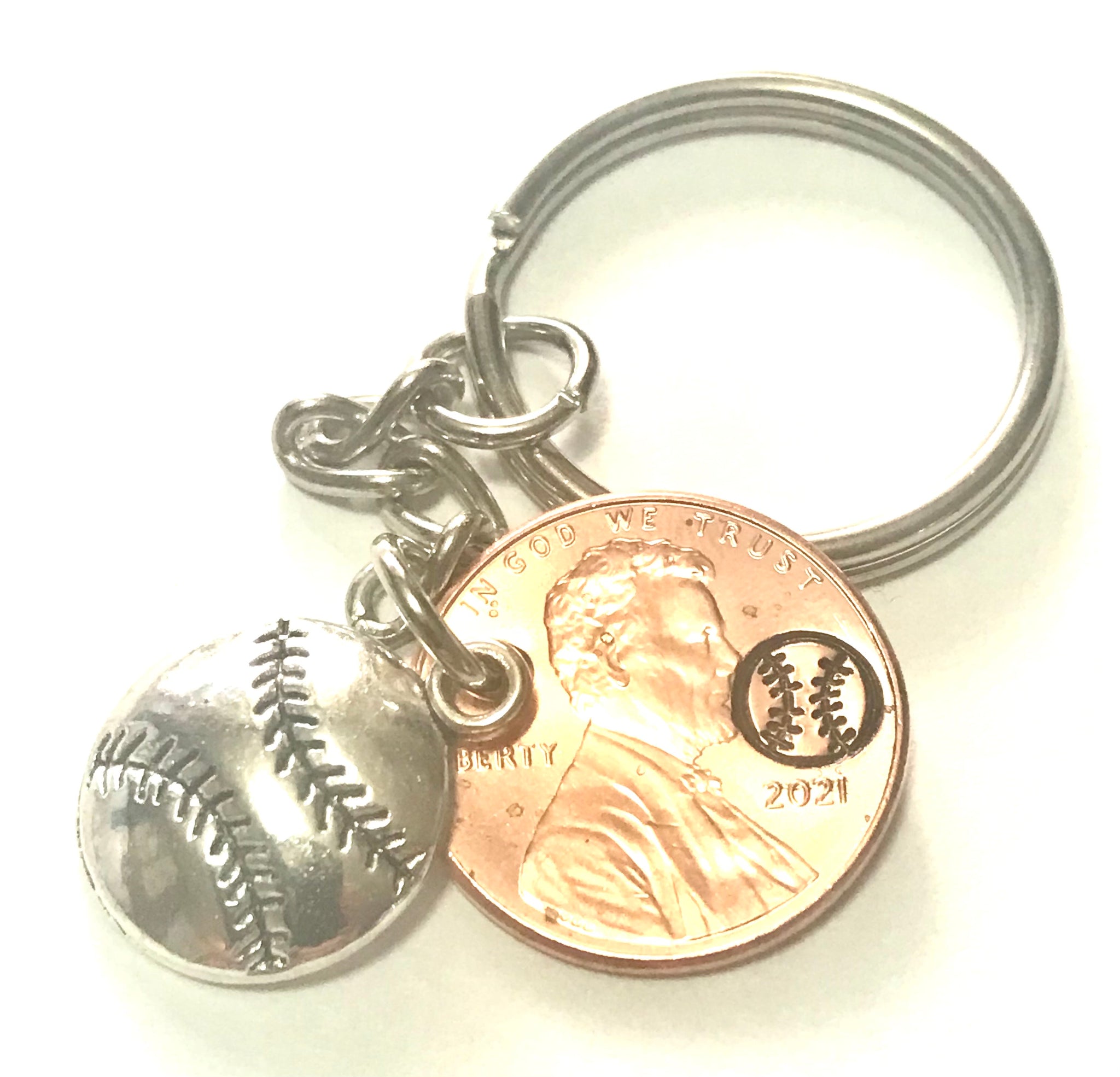 Silver Baseball Charm on a Lucky Penny Keychain with a hand stamped, engraved baseball design above the date.