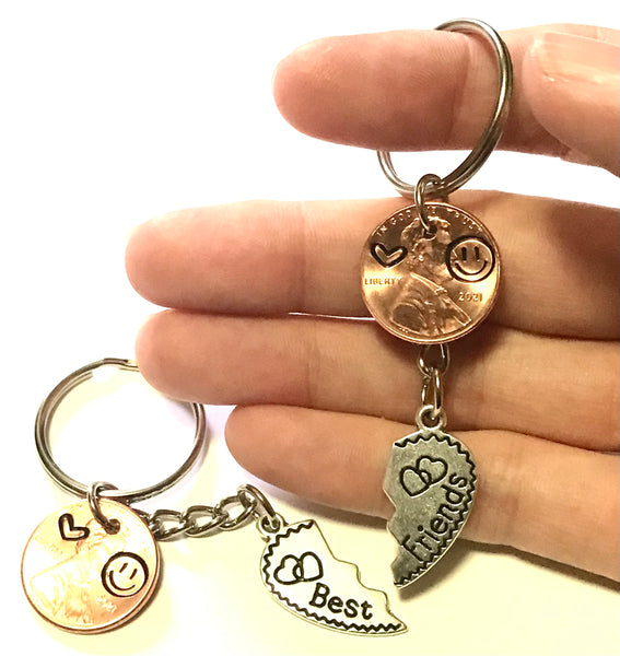 Best Friends Silver Heart Lucky Penny Keychain, 2 Pieces