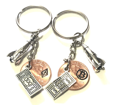 Crypto Lucky Penny Keychains with Bitcoin or Ethereum Logo and a To The Moon Rocket for a great Lucky Penny Keychain!