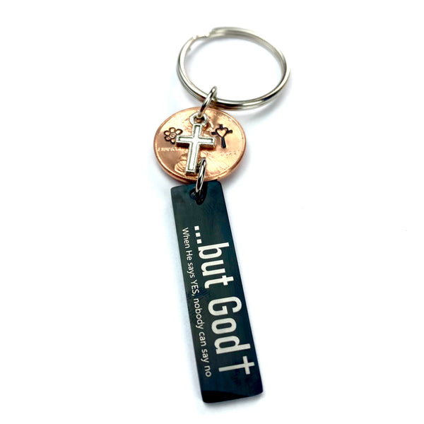The black stainless steel But God Lucky Penny Keychain by Palmetto Charms & Etc. is a great keychain for men.