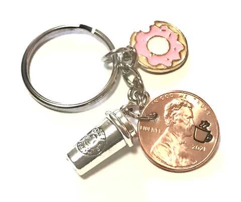Pink Donut & Coffee Cup Silver Charm on a Lucky Penny Keychain with engraved hand stamped Lincoln Cent showing a steaming cup of coffee.