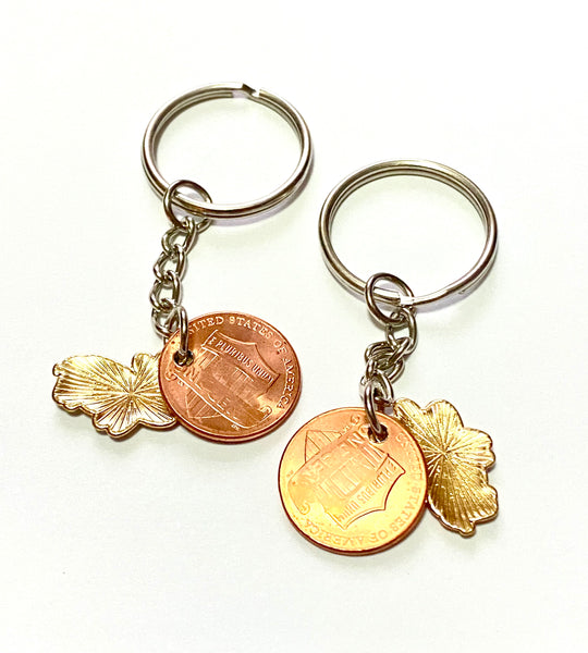 The rear view of 2 Mini Cow Lucky Penny Keychains by Palmetto Charms & Etc.