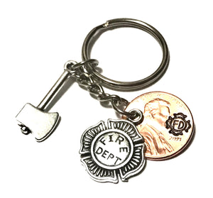 Fire Department Seal and Silver Axe Charms on a Lucky Penny Keychain.