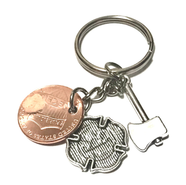 Fire Department Seal and Silver Axe Charms on a Lucky Penny Keychain.