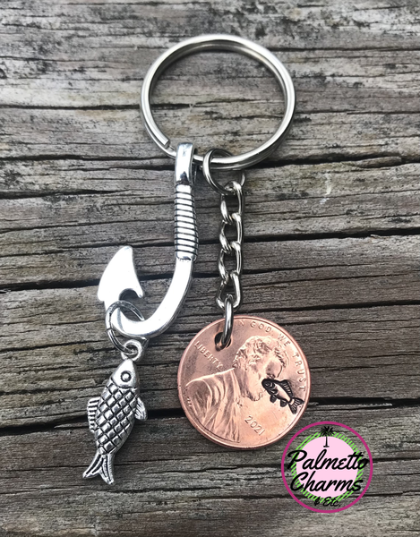Fish Hook Lucky Penny Keychain, Hand Stamped Cent w/Charm