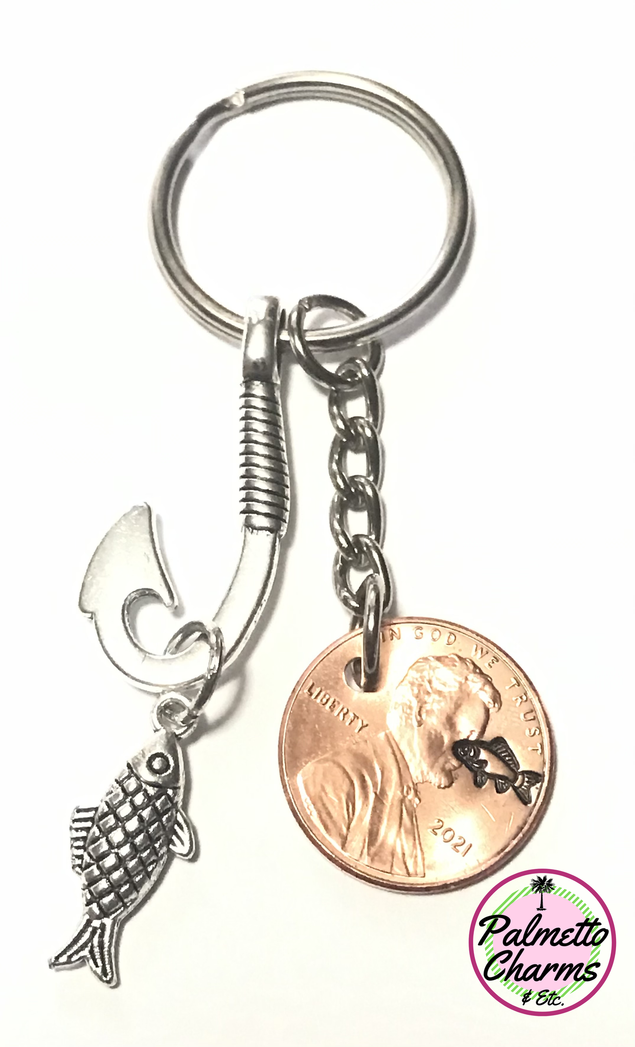 Fish Hook Lucky Penny Keychain, Hand Stamped Cent w/Charm