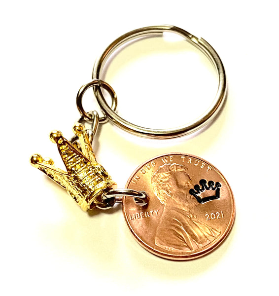 Gold Crown Princess Queen Charm with an engraved design above the date of a Lincoln Cent to make a great Lucky Penny Keychain.