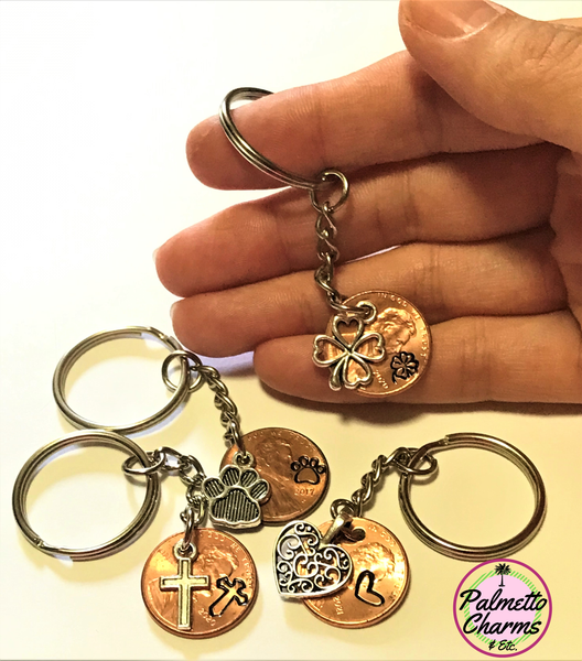 These 3" Lucky Penny Keychains are hand stamped and paired wiith a matching Silver Charm.