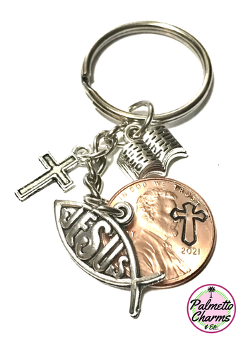 This Lucky Penny Keychain includes a Bible, Cross, and Jesus Fish Silver Charms. The Penny is hand stamped with a cross design.