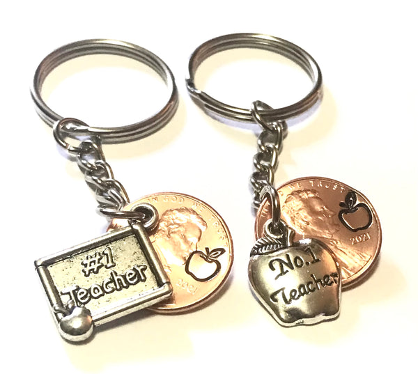 Number One Silver Teacher Charm Lucky Penny Keychain Hand Stamp Engraved Lincoln Cent.