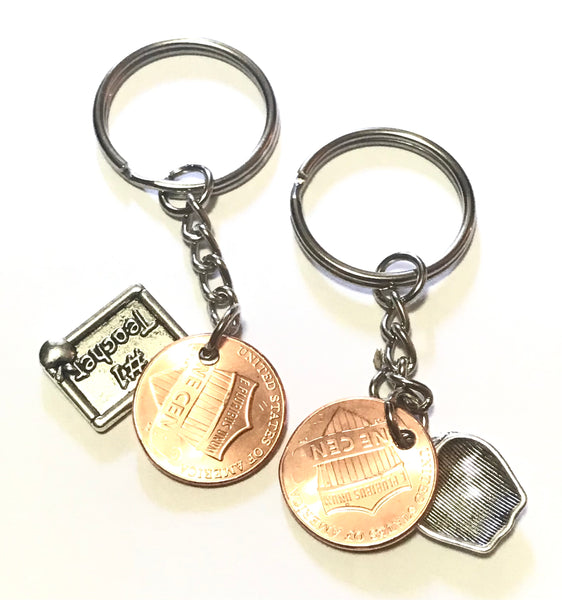 Number One Silver Teacher Charm Lucky Penny Keychain Hand Stamp Engraved Lincoln Cent.