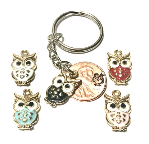 Collection of 5 Owl Charms for Lucky Penny Keychain with Owl engraving above the date of a Lincoln Cent.